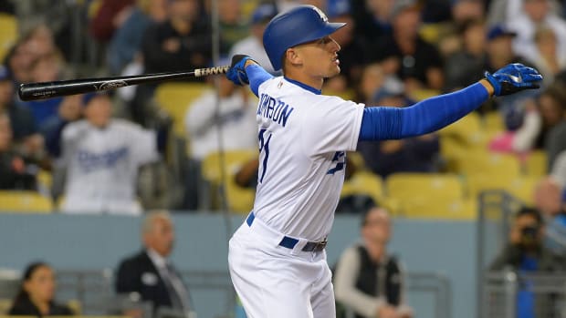 May 10, 2016; Los Angeles, CA, USA; Los Angeles Dodgers center fielder Trayce Thompson (21) hits a walk off home run in the ninth inning of the game against the New York Mets at Dodger Stadium. Dodgers won 3-2. Mandatory Credit: Jayne Kamin-Oncea-USA TODAY Sports